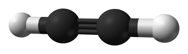 Modelo com bola e vara da molécula do acetileno (etino), C2H2. 